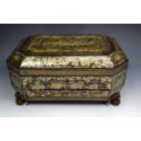 A 19th Century Chinese export lacquered table sewing casket, having a pair of brass bale handles and