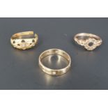 Two 9 ct gold rings (3.2 g), together with an 18 ct gold ring, (1.5 g), (each a/f)