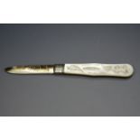 A Victorian silver pocket folding fruit knife, having engraved mother-of-pearl grip scales