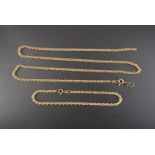 A 9 ct gold rope link neck chain and bracelet, (former a/f), 49 cm and 18 cm, 4.5 g