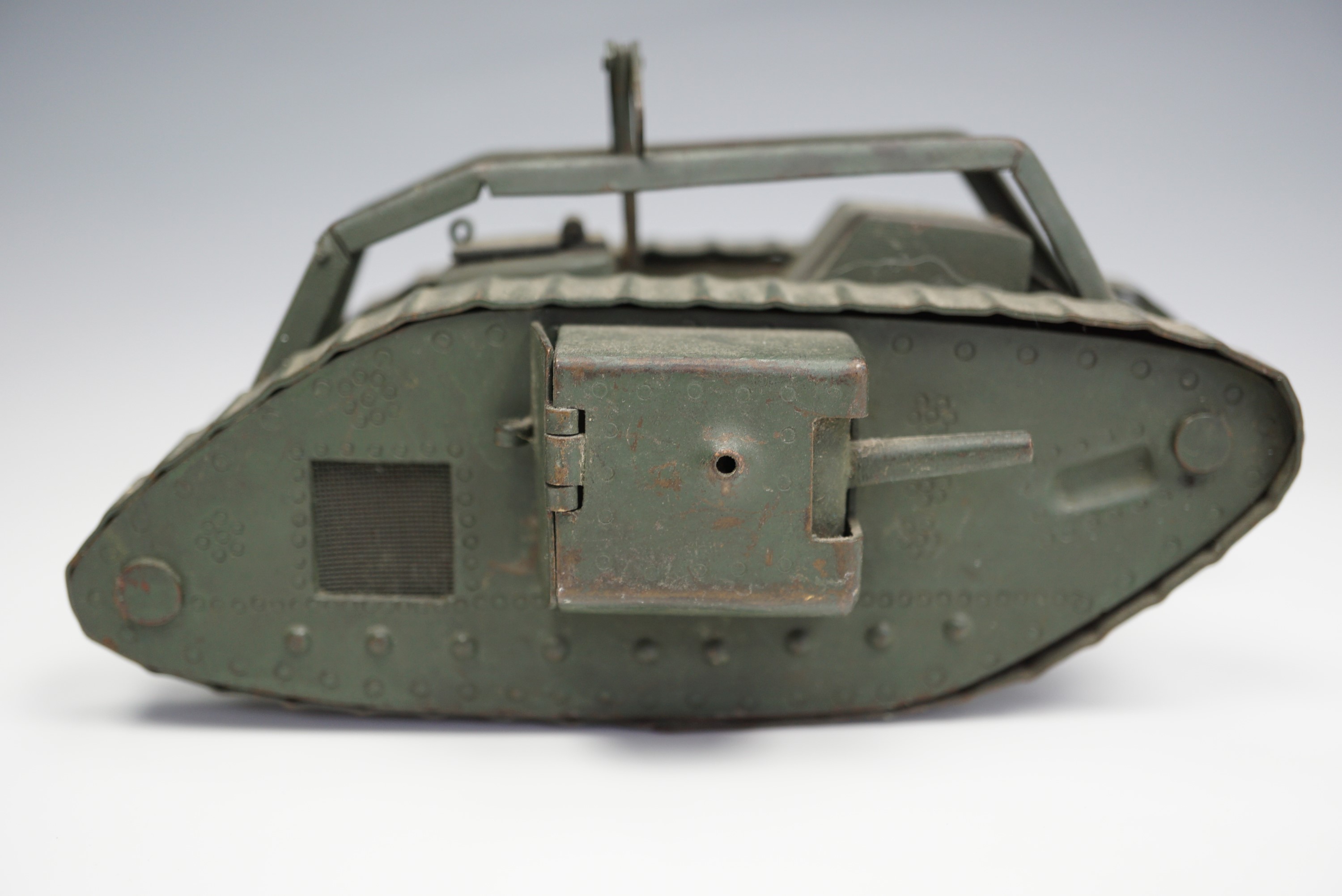 A fine Great War period hand-made brass model / toy British Mk I "male" tank, green painted, given - Image 2 of 2