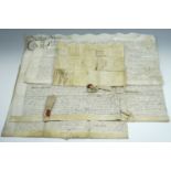 Five 17th century vellum indentures, two with vestiges of wax seals.