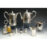 Walker and Hall 20th century silver plated hotel ware, four piece teaset, three piece cruet set, and