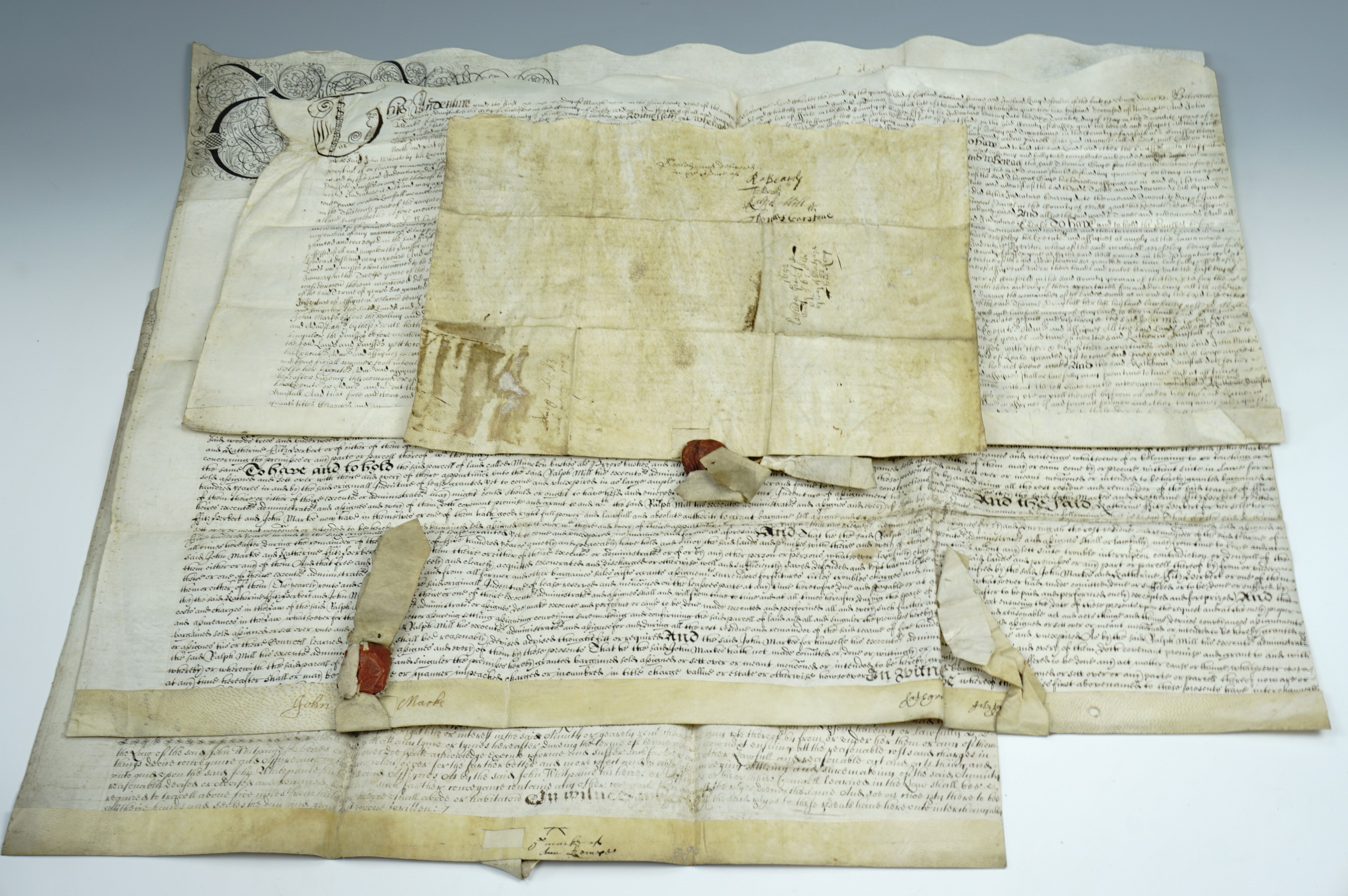 Five 17th century vellum indentures, two with vestiges of wax seals. - Image 2 of 4