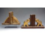 A pair of carved wood elephant book ends together with an Art Deco influenced pair, tallest 15 cm