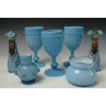 Victorian blue glassware comprising, three moulded goblets, a pair of blue glass stem vases with