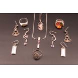A group of vintage and contemporary, silver, white metal, amber, marcasite and amethyst jewellery