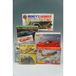 Various Airfix, Revell, Maisto model kits including Monty's Humber, Spitfire MK1A, E Type Jaguar