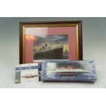 A print depicting RMS Queen Mary framed under glass together with a boxed medal of RMS Queen Mary by