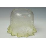 A Victorian etched achromatising green glass oil lamp shade, 10.5 cm base
