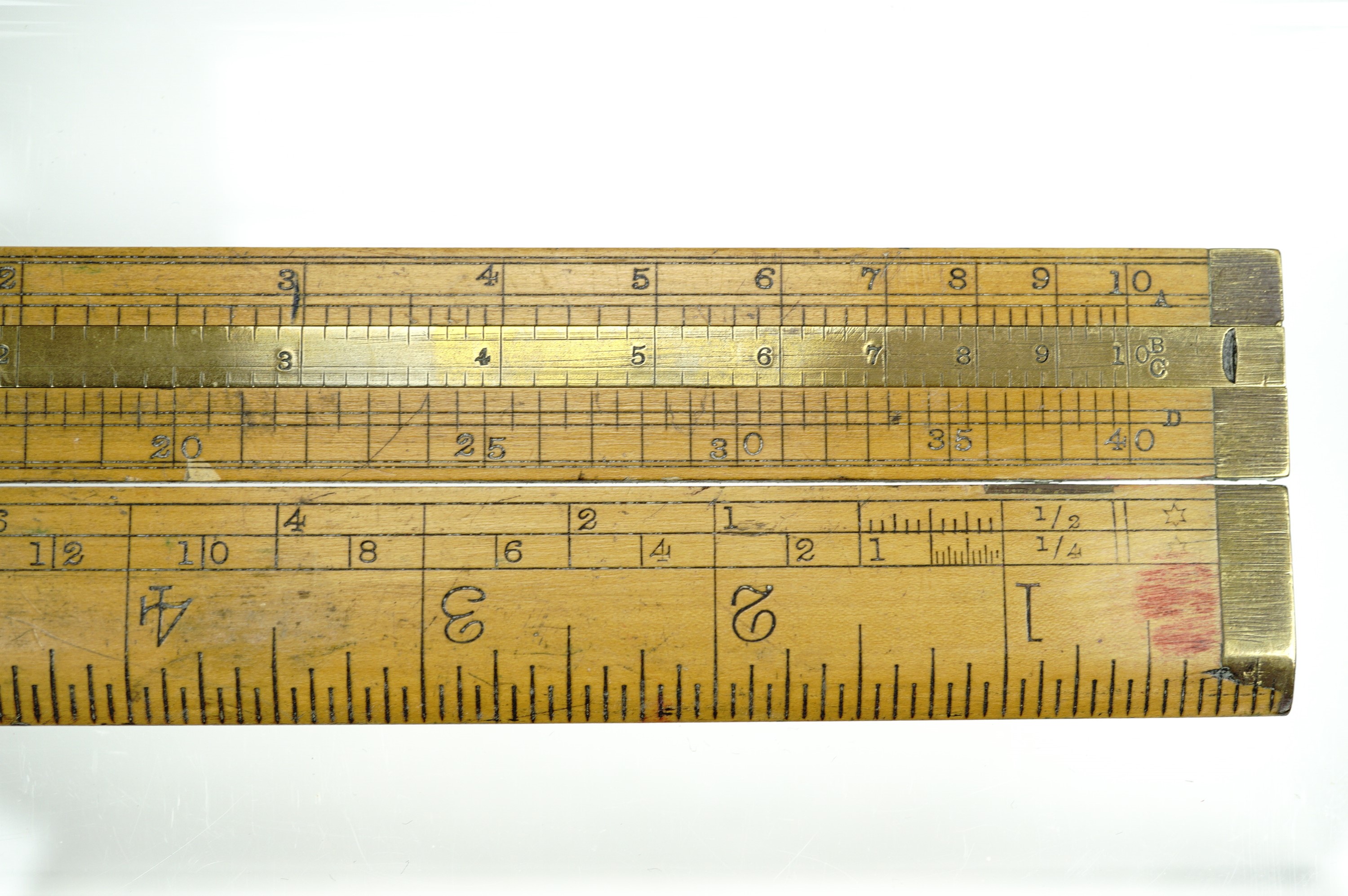 A Reeves Customs and Excise type brass-mounted box wood ruler / gauge, together with a Rabone timber - Image 9 of 11
