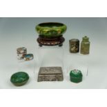 A Chinese cloisonne bowl and stand together with lidded boxes etc