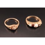 An opal and garnet finger ring (a/f), together with a cluster ring centred by a small diamond,