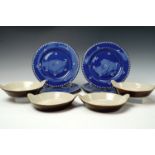 Four early 20th century 'Devonshire Potteries' plates, brown body with blue glaze and reticulated