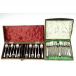 Two uncommonly fine cased sets of electroplate tea / coffee spoons with sugar tongs, late 19th /