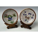 A pair of 20th century Chinese cloisonne dishes and wooden stands, 9.5 cm diameter