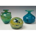 Two Mdina vases together with a large Mdina paperweight, vases 15 cm