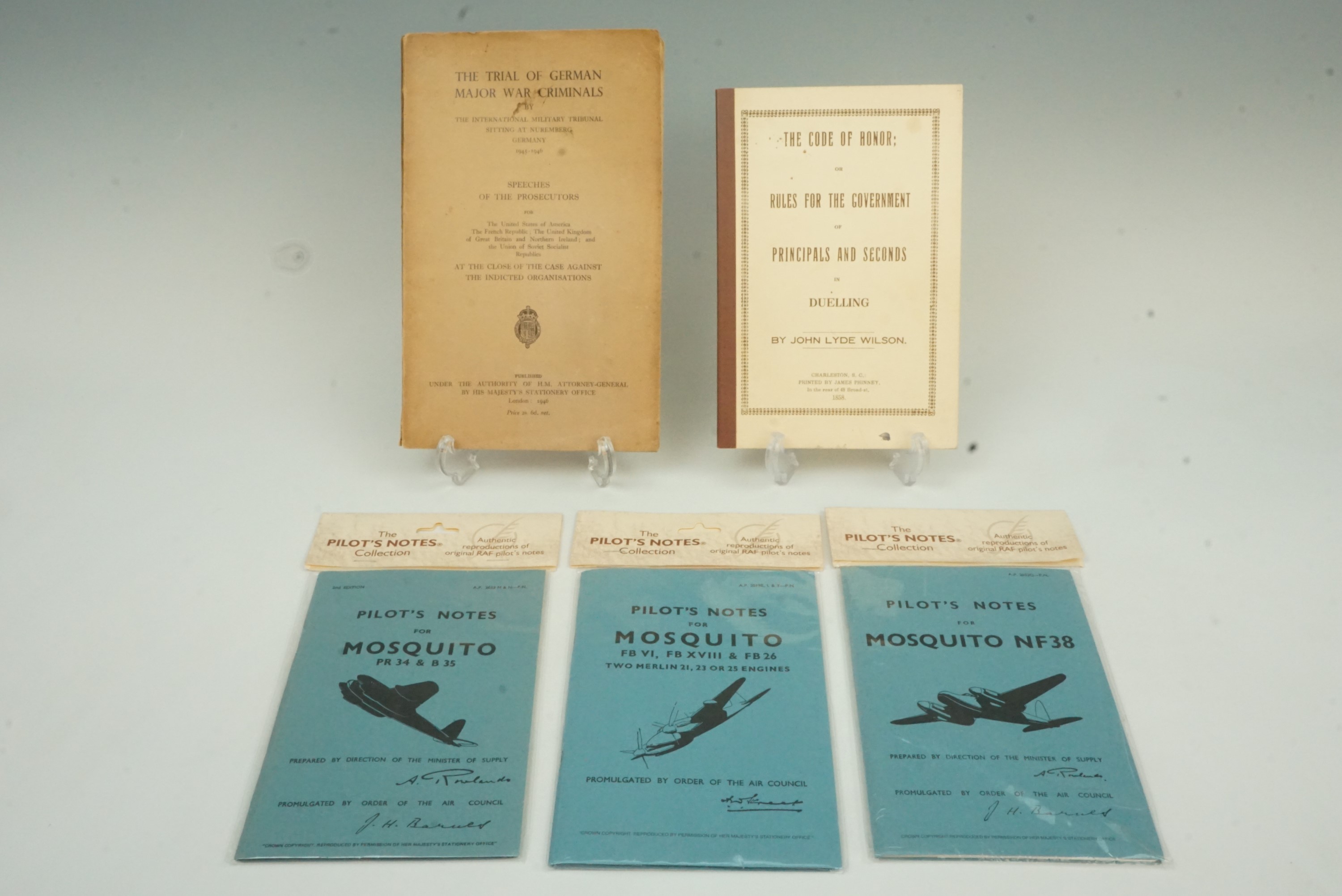 [Military] Three re-printed RAF Pilot's Notes for the Mosquito, a re-printed pistol dueling handbook