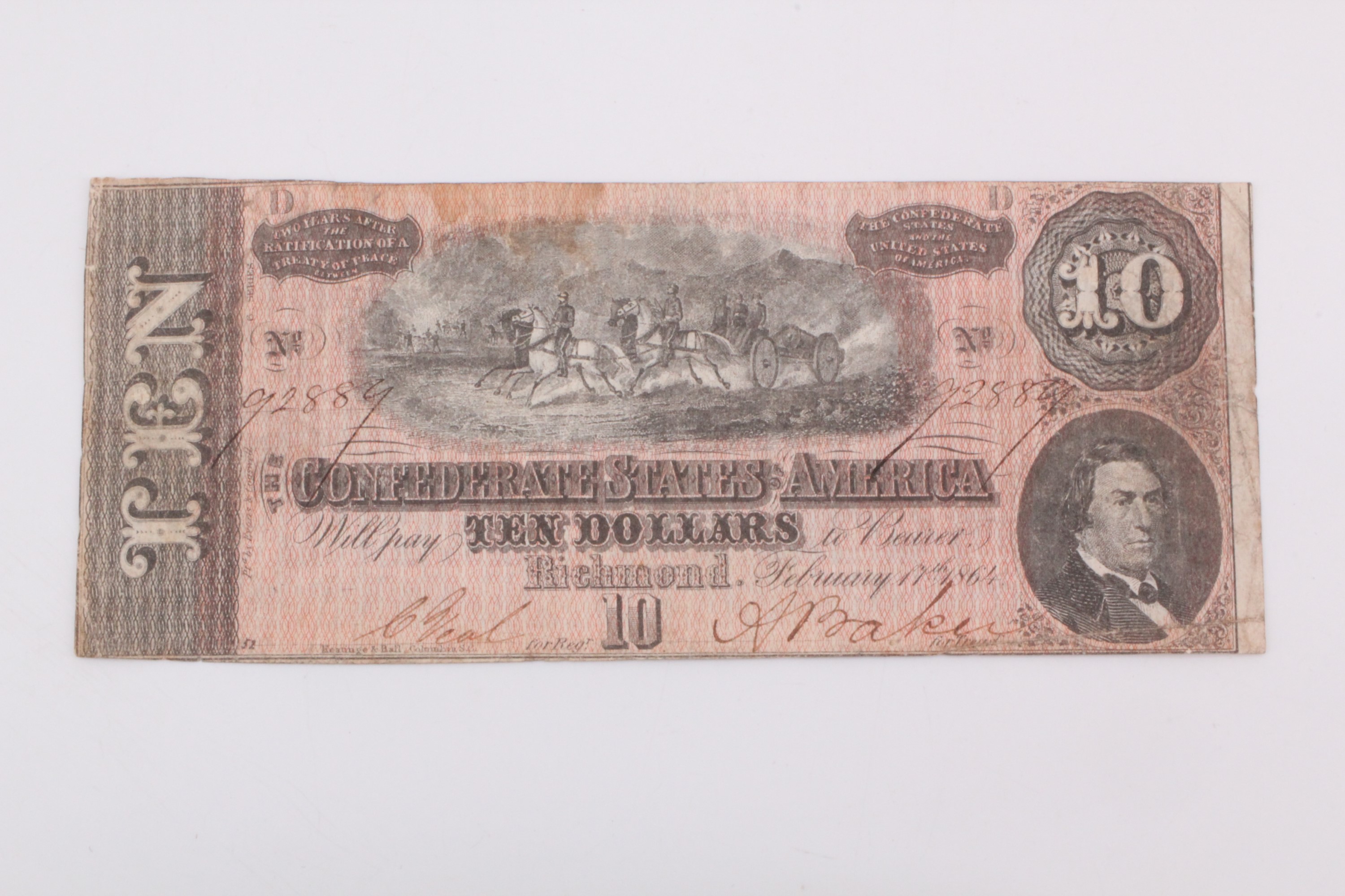 A Confederate States of America 1864 Richmond 10 dollar banknote