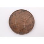 An 1854 copper penny coin, close colon, plaid trident