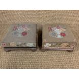 A pair of Victorian needlework upholstered square pad stools, 30 cm x 30 cm x 15 cm