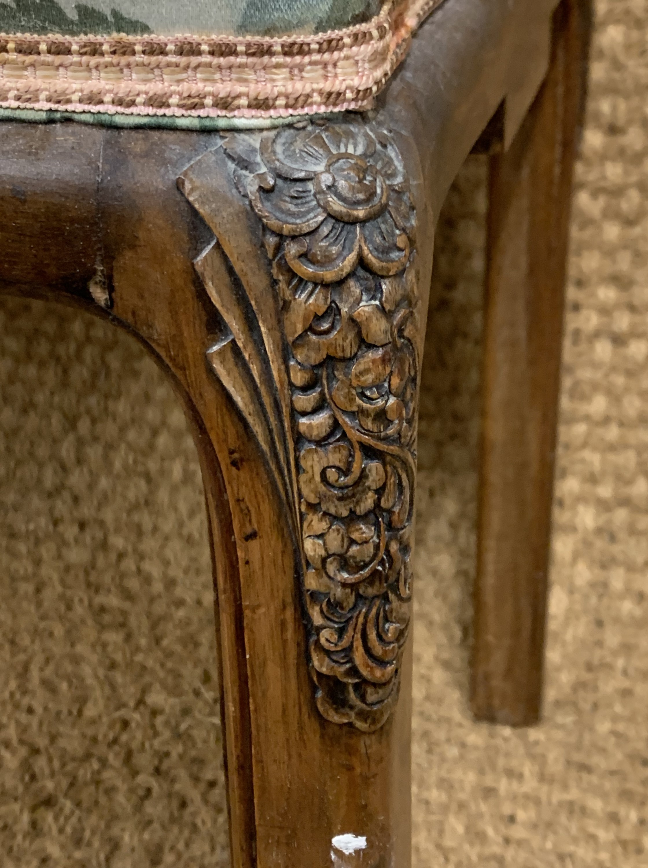 A 1930s carved and upholstered walnut dressing table stool - Image 2 of 4