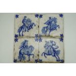 Four Delft blue-and-white earthenware tiles depicting armoured and other figures of horseback, 15 cm
