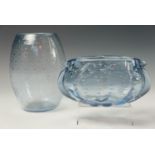 Two contemporary blue tinted studio glass vases with controlled bubble decoration, 21 cm and 11 cm