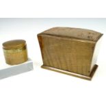 A small Victorian sarcophagus-form walnut pin cushion / sewing box, together with a brass banded