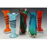 Five studio glass vases, tallest 29 cm