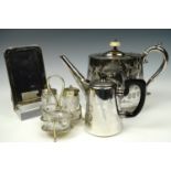 An electroplate cruet set, a photo frame, a teapot and a Elkington water jug, frame 9.5 x 15 cm -