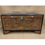 A 20th Century Chinese carved camphor wood chest, 100 cm x 54 cm x 53 cm