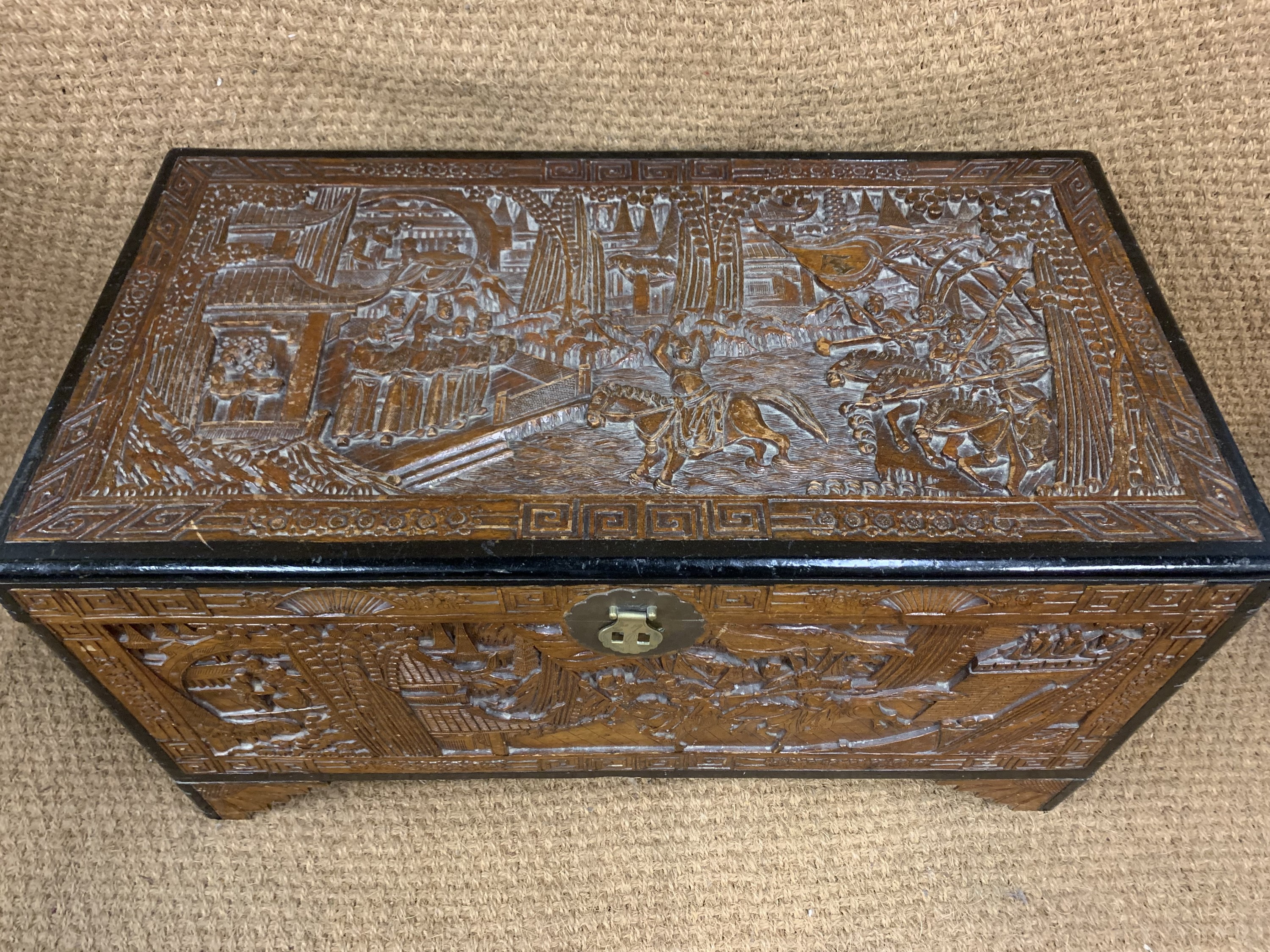 A 20th Century Chinese carved camphor wood chest, 100 cm x 54 cm x 53 cm - Image 2 of 5