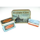 A vintage Russian tinplate box containing original tea, a 1920s Renown Flake tin and another