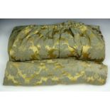 A heavy pair of green and bronze damask curtains and green and gold damask curtains, comprising