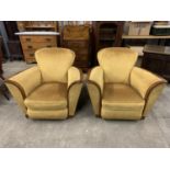 A pair of 1930s Art Deco upholstered mahogany lounge armchairs, 93 cm wide x 77 cm high