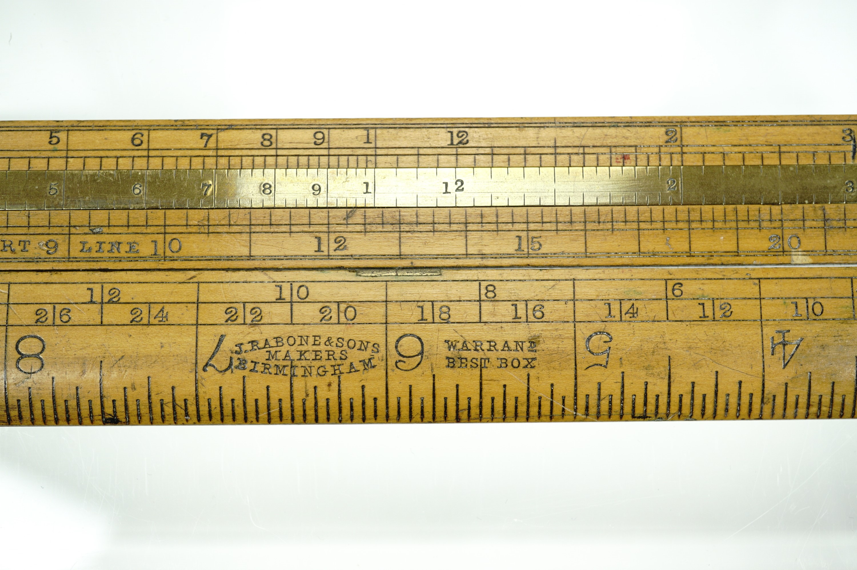 A Reeves Customs and Excise type brass-mounted box wood ruler / gauge, together with a Rabone timber - Image 8 of 11