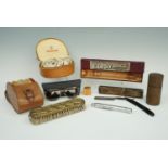 Vintage shaving, grooming and medical items including a cased travel brush set, a cut-throat