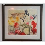 Jenny Devereux, (contemporary, St Ives) "Cat and Flowers", lithograph, 23/125, in card mount and
