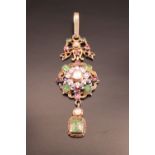 A 19th century articulated Austro-Hungarian gilt white metal glass and gem set lavaliere or pendant,