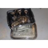 Plated engraved claret jug, rectangular plated and engraved tray, pair of plated bottle coasters,