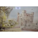 John Cunningham, watercolour, view of an English castle, signed, 10ins x 14ins, gilt framed