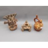 Three items of pre-Columbian type pottery comprising: Mayan flask decorated with animal figures in