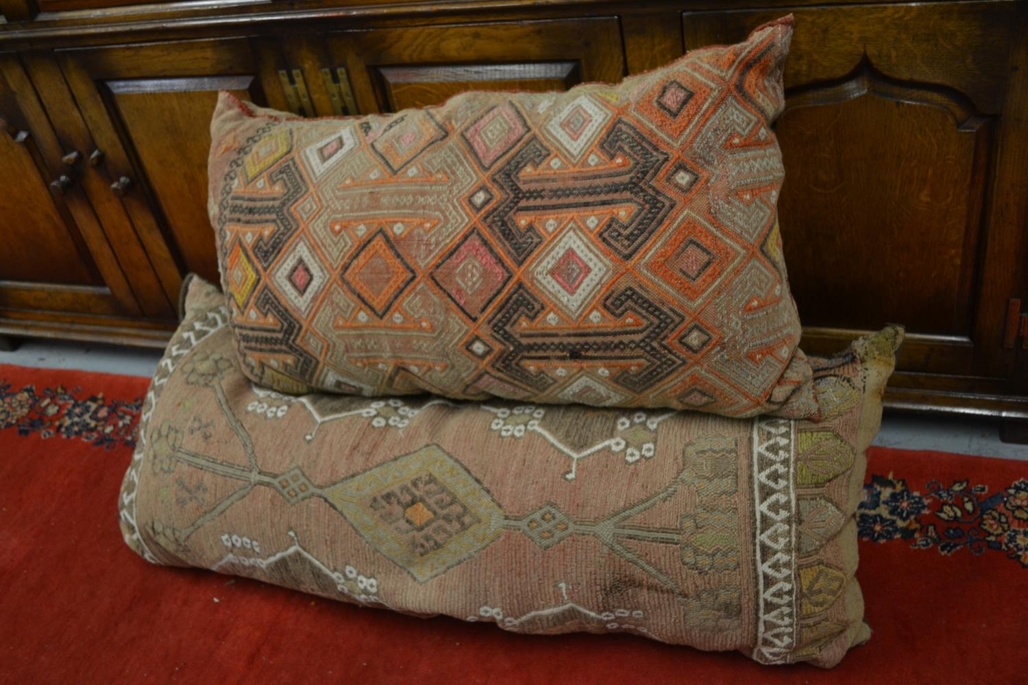 Two large Kelim covered cushions and a small Kelim covered stool - Image 2 of 3