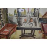 Style of George Hooper, signed watercolour, interior scene, 13ins x 18ins