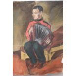 Unframed pastel drawing, study of a seated figure playing an accordion, 25ins x 19.5ins (at