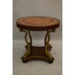 Ornate gilt brass and specimen wood centre table in Regency style, the floral inlaid crossbanded top