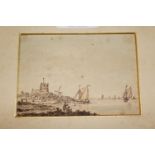 18th Century English school, small ink and watercolour drawing, coastal scene with figures and boats