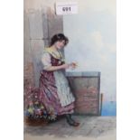 Gilt framed watercolour, portrait of a Continental lady with a basket of flowers, signed Valle,