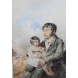 Thales Fielding, signed watercolour, figure with a child, Abbott and Holder label verso 'Gipsies,